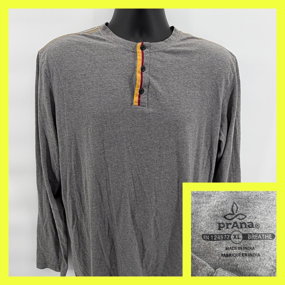 Prana Breathe Men's XL Henley Shirt Gray Long Sleeve‎ Striped Trim Yoga Casual